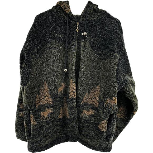 ALPS Teddy Jacket High Pile Fleece Hood Full Zip Moose Trees Print Green Large - Picture 1 of 4
